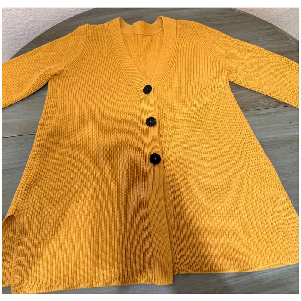 J. Jill Mustard Ribbed Cardigan Sweater | Statement Buttons | Cozy Layer - Picture 2 of 5